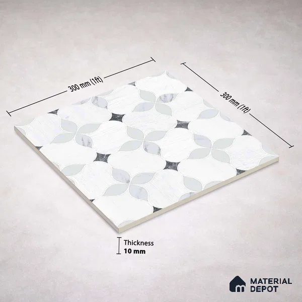 Moroccan Carving Wall & Floor Tile TL 11667 Pearl Petal 1 ft x 1 ft Ceramic Carving Matte Finish Tile - 10 mm | Suitable For Bathroom, Dining Area, Kitchen