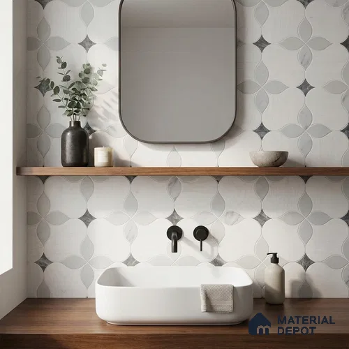 Moroccan Carving Wall & Floor Tile TL 11667 Pearl Petal 1 ft x 1 ft Ceramic Carving Matte Finish Tile - 10 mm | Suitable For Bathroom, Dining Area, Kitchen