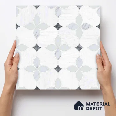 Moroccan Carving Wall & Floor Tile TL 11667 Pearl Petal 1 ft x 1 ft Ceramic Carving Matte Finish Tile - 10 mm | Suitable For Bathroom, Dining Area, Kitchen