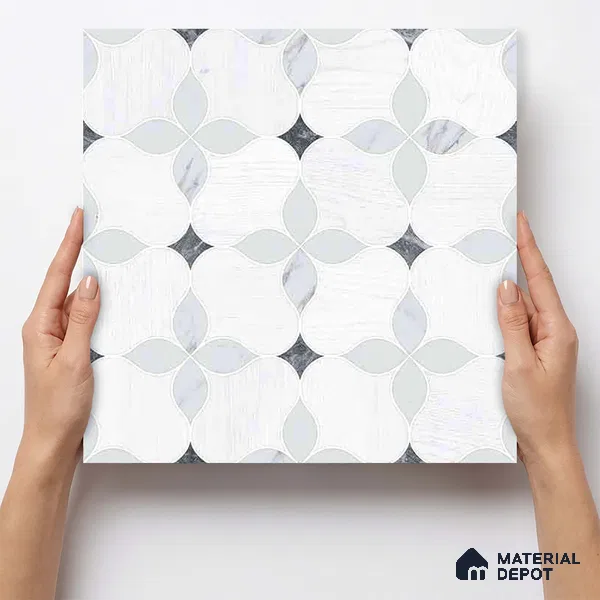 Moroccan Carving Wall & Floor Tile TL 11667 Pearl Petal 1 ft x 1 ft Ceramic Carving Matte Finish Tile - 10 mm | Suitable For Bathroom, Dining Area, Kitchen