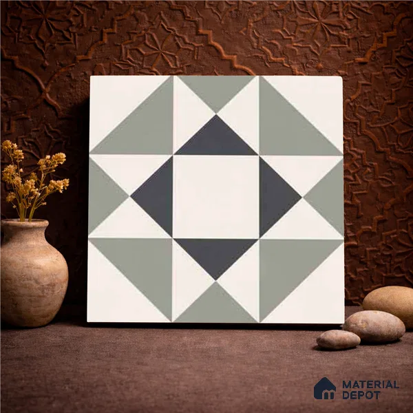 Moroccan Wall & Floor Carpet Center Tile TL 11170 Geometric Sage 1 ft x 1 ft Ceramic Matte Finish Tile - 10 mm | Suitable For Kitchen, Bathroom, Balcony