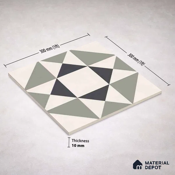 Moroccan Wall & Floor Carpet Center Tile TL 11170 Geometric Sage 1 ft x 1 ft Ceramic Matte Finish Tile - 10 mm | Suitable For Kitchen, Bathroom, Balcony