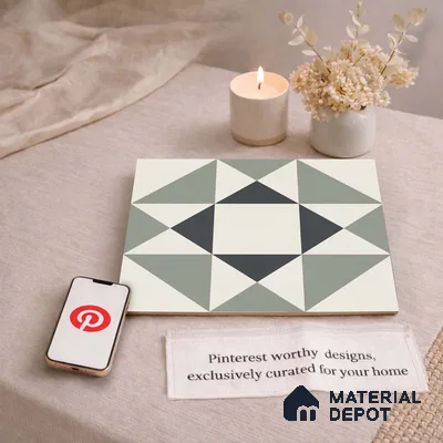 Moroccan Wall & Floor Carpet Center Tile TL 11170 Geometric Sage 1 ft x 1 ft Ceramic Matte Finish Tile - 10 mm | Suitable For Kitchen, Bathroom, Balcony
