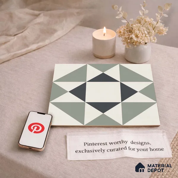 Moroccan Wall & Floor Carpet Center Tile TL 11170 Geometric Sage 1 ft x 1 ft Ceramic Matte Finish Tile - 10 mm | Suitable For Kitchen, Bathroom, Balcony