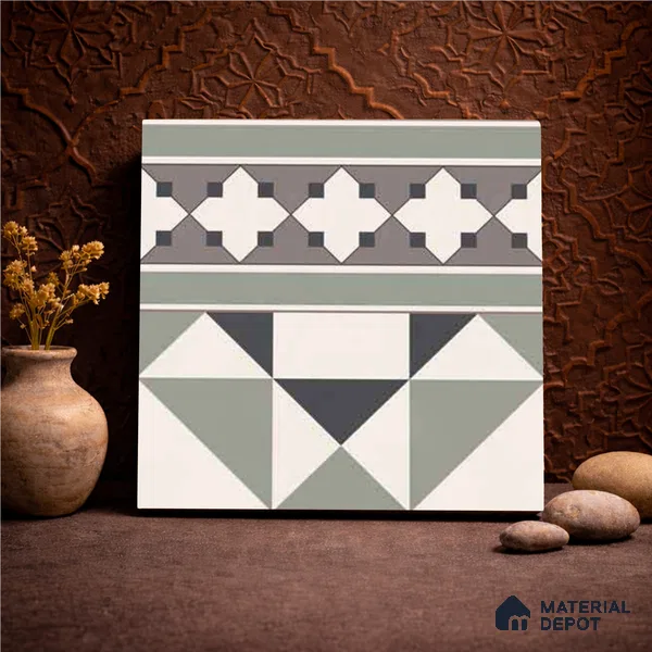 Moroccan Wall & Floor Carpet Border Tile TL 11171 Sage Mosaic Border 1 ft x 1 ft Ceramic Matte Finish Tile - 10 mm | Suitable For Kitchen, Bathroom, Balcony
