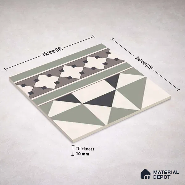 Moroccan Wall & Floor Carpet Border Tile TL 11171 Sage Mosaic Border 1 ft x 1 ft Ceramic Matte Finish Tile - 10 mm | Suitable For Kitchen, Bathroom, Balcony