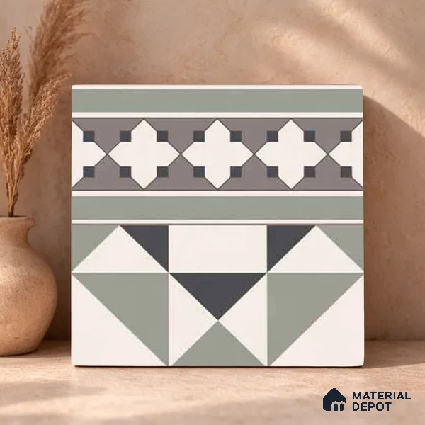 Moroccan Wall & Floor Carpet Border Tile TL 11171 Sage Mosaic Border 1 ft x 1 ft Ceramic Matte Finish Tile - 10 mm | Suitable For Kitchen, Bathroom, Balcony
