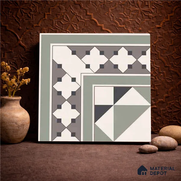 Moroccan Wall & Floor Carpet Corner Tile TL 11172 Sage Lattice 1 ft x 1 ft Ceramic Matte Finish Tile - 10 mm | Suitable For Kitchen, Bathroom, Balcony