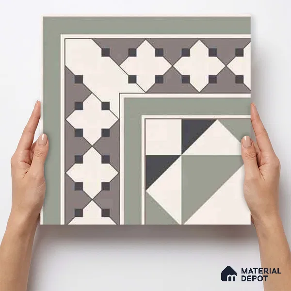 Moroccan Wall & Floor Carpet Corner Tile TL 11172 Sage Lattice 1 ft x 1 ft Ceramic Matte Finish Tile - 10 mm | Suitable For Kitchen, Bathroom, Balcony