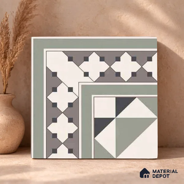 Moroccan Wall & Floor Carpet Corner Tile TL 11172 Sage Lattice 1 ft x 1 ft Ceramic Matte Finish Tile - 10 mm | Suitable For Kitchen, Bathroom, Balcony
