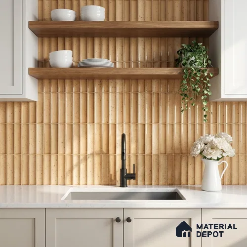 Faux Subway Wall Tile TL 11287 Spiced Fluted Ochre 1 ft x 1 ft Ceramic Glossy Finish Tile - 10 mm | Suitable For Bathroom, Dining Area, Kitchen Backsplash