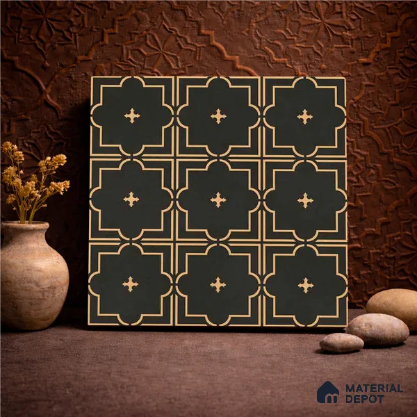Moroccan Wall & Floor Tile TL 11106 Noir Trellis 1 ft x 1 ft Ceramic Matte Finish Tile - 10 mm | Suitable For Kitchen, Bathroom, Balcony