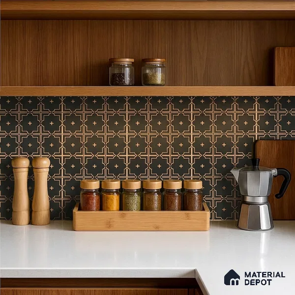 Moroccan Wall & Floor Tile TL 11106 Noir Trellis 1 ft x 1 ft Ceramic Matte Finish Tile - 10 mm | Suitable For Kitchen, Bathroom, Balcony