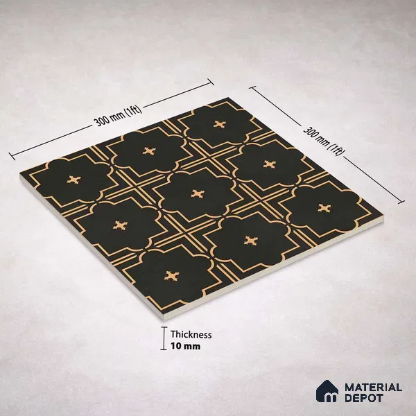 Moroccan Wall & Floor Tile TL 11106 Noir Trellis 1 ft x 1 ft Ceramic Matte Finish Tile - 10 mm | Suitable For Kitchen, Bathroom, Balcony