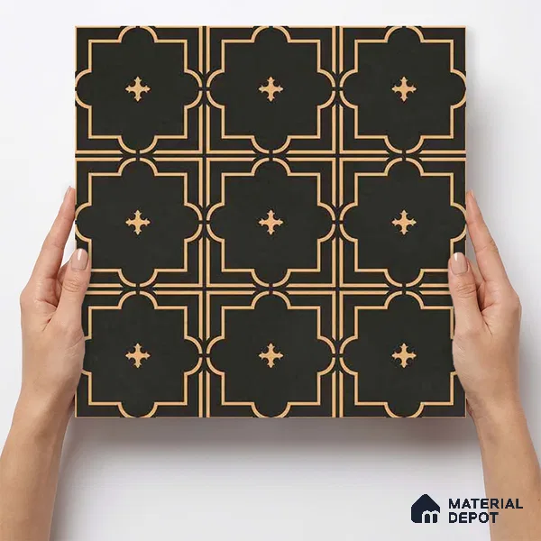 Moroccan Wall & Floor Tile TL 11106 Noir Trellis 1 ft x 1 ft Ceramic Matte Finish Tile - 10 mm | Suitable For Kitchen, Bathroom, Balcony