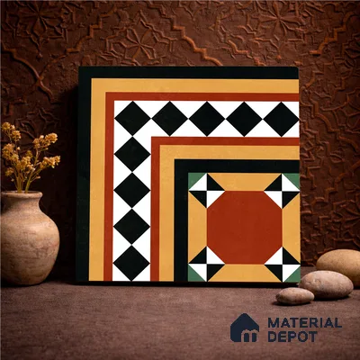 Moroccan Wall & Floor Carpet Corner Tile TL 11163 Terracotta Frame 1 ft x 1 ft Ceramic Matte Finish Tile - 10 mm | Suitable For Kitchen, Bathroom, Balcony