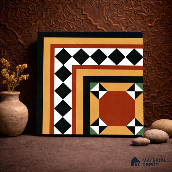 Moroccan Wall & Floor Carpet Corner Tile TL 11163 Terracotta Frame 1 ft x 1 ft Ceramic Matte Finish Tile - 10 mm | Suitable For Kitchen, Bathroom, Balcony