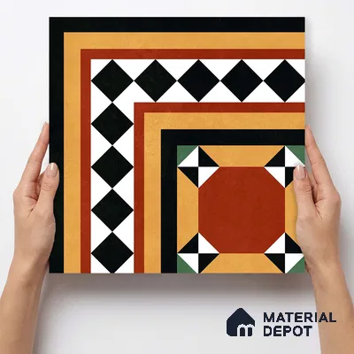 Moroccan Wall & Floor Carpet Corner Tile TL 11163 Terracotta Frame 1 ft x 1 ft Ceramic Matte Finish Tile - 10 mm | Suitable For Kitchen, Bathroom, Balcony