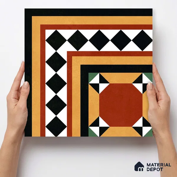 Moroccan Wall & Floor Carpet Corner Tile TL 11163 Terracotta Frame 1 ft x 1 ft Ceramic Matte Finish Tile - 10 mm | Suitable For Kitchen, Bathroom, Balcony