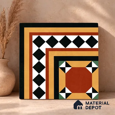 Moroccan Wall & Floor Carpet Corner Tile TL 11163 Terracotta Frame 1 ft x 1 ft Ceramic Matte Finish Tile - 10 mm | Suitable For Kitchen, Bathroom, Balcony