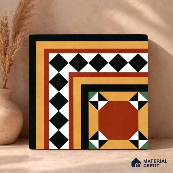 Moroccan Wall & Floor Carpet Corner Tile TL 11163 Terracotta Frame 1 ft x 1 ft Ceramic Matte Finish Tile - 10 mm | Suitable For Kitchen, Bathroom, Balcony