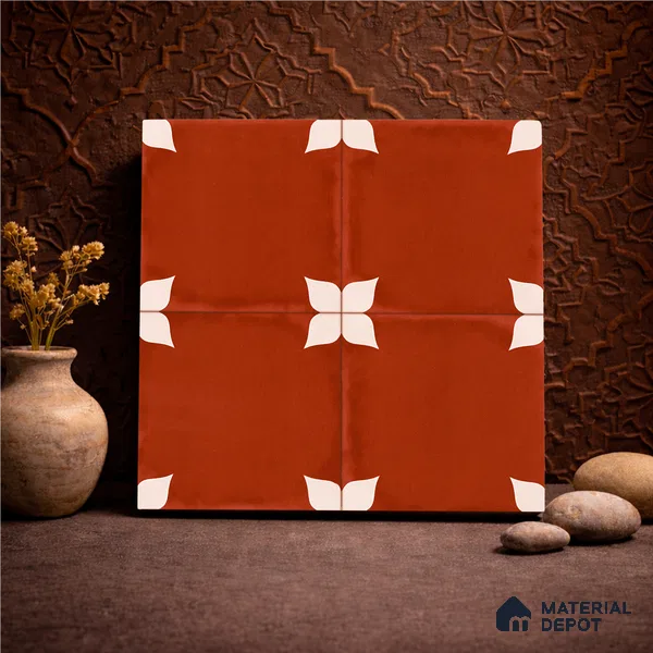 Moroccan Wall & Floor Athangudi Highlighter Tile TL 11129 Terracotta Petal 1 ft x 1 ft Ceramic Matte Finish Tile - 10 mm | Suitable For Kitchen, Bathroom, Balcony
