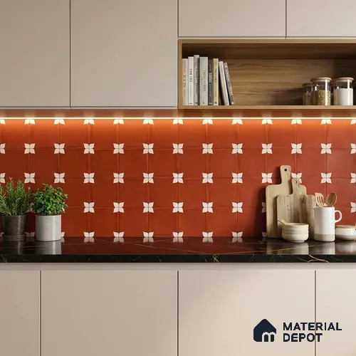 Moroccan Wall & Floor Athangudi Highlighter Tile TL 11129 Terracotta Petal 1 ft x 1 ft Ceramic Matte Finish Tile - 10 mm | Suitable For Bathroom, Balcony & Kitchen Backsplash