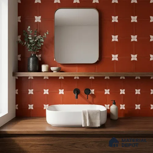 Moroccan Wall & Floor Athangudi Highlighter Tile TL 11129 Terracotta Petal 1 ft x 1 ft Ceramic Matte Finish Tile - 10 mm | Suitable For Kitchen, Bathroom, Balcony