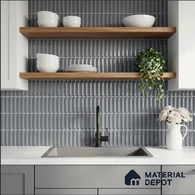 Faux Kitkat Subway Wall Tile TL 11308 Graphite Arrow 1 ft x 1 ft Ceramic Glossy Finish Tile - 10 mm | Suitable For Bathroom, Balcony & Kitchen Backsplash