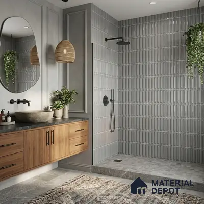 Scandinavian bathroom walkthrough with grey geometric wall tiles, natural wood vanity, and stone countertop