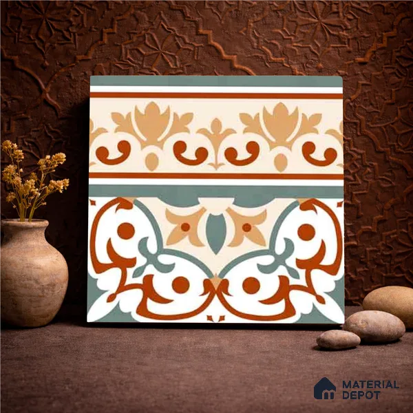 Moroccan Wall & Floor Carpet Border Tile TL 11168 Verdant Baroque 1 ft x 1 ft Ceramic Matte Finish Tile - 10 mm | Suitable For Kitchen, Bathroom, Balcony