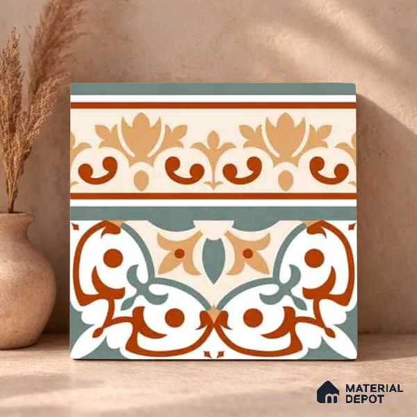 Moroccan Wall & Floor Carpet Border Tile TL 11168 Verdant Baroque 1 ft x 1 ft Ceramic Matte Finish Tile - 10 mm | Suitable For Kitchen, Bathroom, Balcony