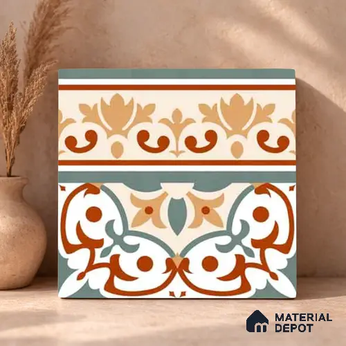 Moroccan Wall & Floor Carpet Border Tile TL 11168 Verdant Baroque 1 ft x 1 ft Ceramic Matte Finish Tile - 10 mm | Suitable For Bathroom, Balcony & Kitchen Backsplash