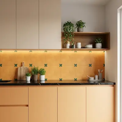 Modern kitchen walkthrough with peach laminate cabinets, black marble countertop, and ochre patterned backsplash tiles
