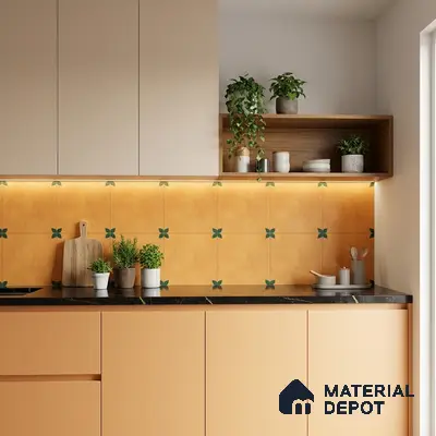 Modern kitchen walkthrough with peach laminate cabinets, black marble countertop, and ochre patterned backsplash tiles