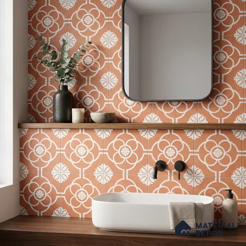 Moroccan Wall & Floor Tile TL 11123 Terracotta Bloom 1 ft x 1 ft Ceramic Matte Finish Tile - 10 mm | Suitable For Kitchen, Bathroom, Balcony