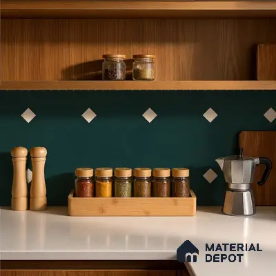 Modern bathroom walkthrough with teal geometric wall tiles and rustic wood vanity