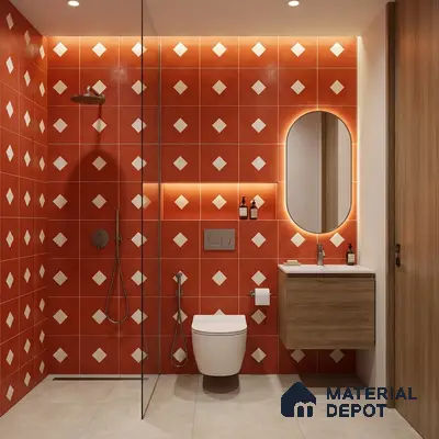 Modern bathroom walkthrough with terracotta geometric wall tiles and wood laminate vanity