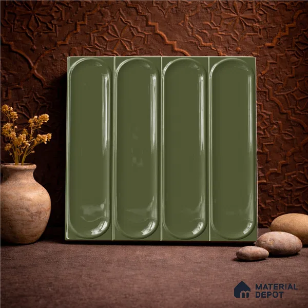 Faux Subway Wall Tile TL 11335 Olive Pillar 1 ft x 1 ft Ceramic Glossy Finish Tile - 10 mm | Suitable For Bathroom, Balcony & Kitchen Backsplash