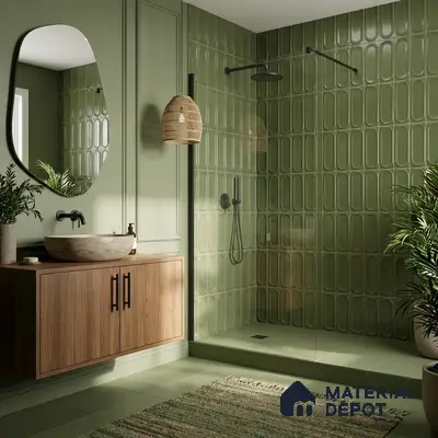 Scandinavian bathroom walkthrough with sage green 3D wall tiles and wood vanity