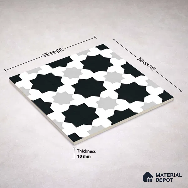 Moroccan Monochrome Wall & Floor Tile TL 11136 Stellar Mosaic 1 ft x 1 ft Ceramic Matte Finish Tile - 10 mm | Suitable For Kitchen, Bathroom, Balcony