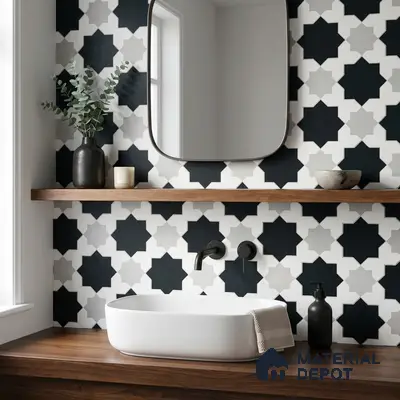 Modern kitchen walkthrough with black-and-white geometric moroccan backsplash tile and matte black marble countertop
