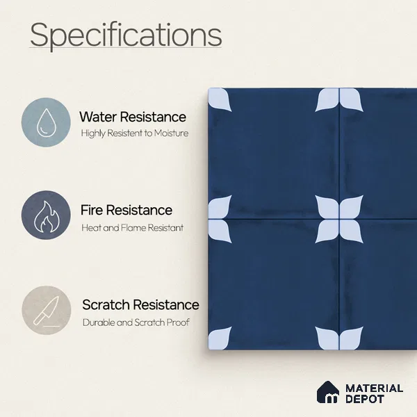 Moroccan Wall & Floor Athangudi Highlighter Tile TL 11182 Indigo Petal 1 ft x 1 ft Ceramic Matte Finish Tile - 10 mm | Suitable For Kitchen, Bathroom, Balcony