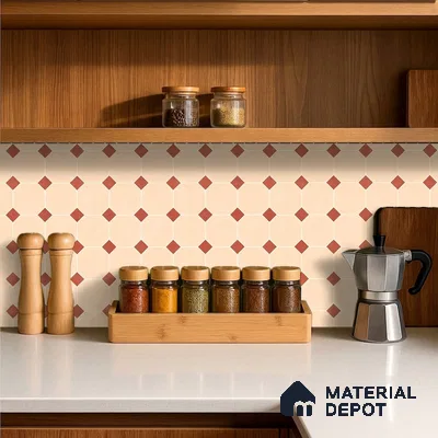 Minimalist bathroom walkthrough with beige and terracotta geometric wall tiles and walnut wood countertop