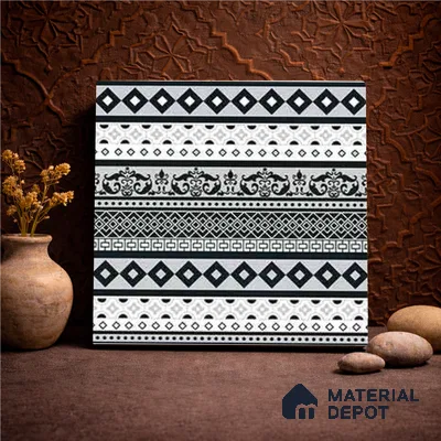 Moroccan Wall & Floor Carpet Border Tile TL 11149 Monochrome Tapestry 1 ft x 1 ft Ceramic Matte Finish Tile - 10 mm | Suitable For Living Room, Kitchen, Dining Area