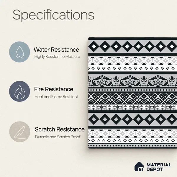 Moroccan Wall & Floor Carpet Border Tile TL 11149 Monochrome Tapestry 1 ft x 1 ft Ceramic Matte Finish Tile - 10 mm | Suitable For Living Room, Kitchen, Dining Area