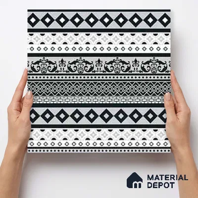 Moroccan Wall & Floor Carpet Border Tile TL 11149 Monochrome Tapestry 1 ft x 1 ft Ceramic Matte Finish Tile - 10 mm | Suitable For Living Room, Kitchen, Dining Area