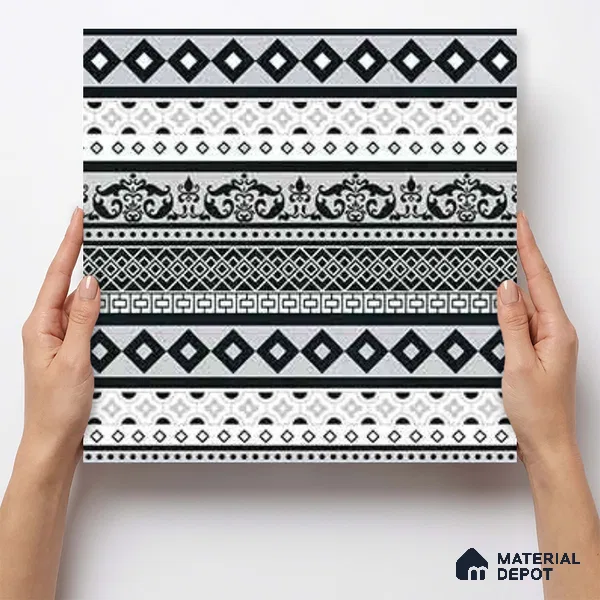 Moroccan Wall & Floor Carpet Border Tile TL 11149 Monochrome Tapestry 1 ft x 1 ft Ceramic Matte Finish Tile - 10 mm | Suitable For Living Room, Kitchen, Dining Area