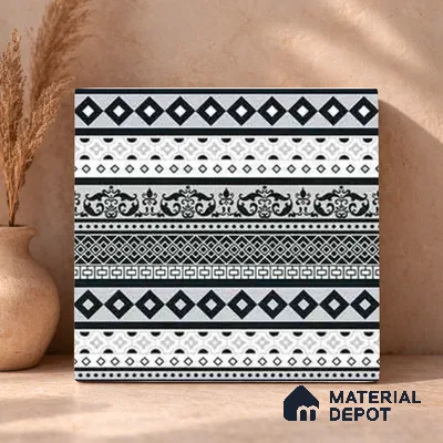 Moroccan Wall & Floor Carpet Border Tile TL 11149 Monochrome Tapestry 1 ft x 1 ft Ceramic Matte Finish Tile - 10 mm | Suitable For Living Room, Kitchen, Dining Area