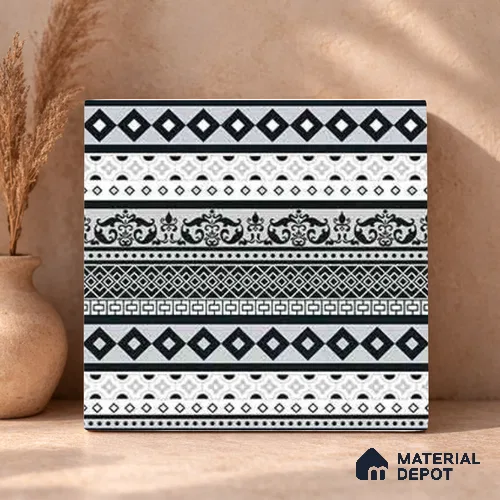 Moroccan Wall & Floor Carpet Border Tile TL 11149 Monochrome Tapestry 1 ft x 1 ft Ceramic Matte Finish Tile - 10 mm | Suitable For Living Room, Kitchen, Dining Area